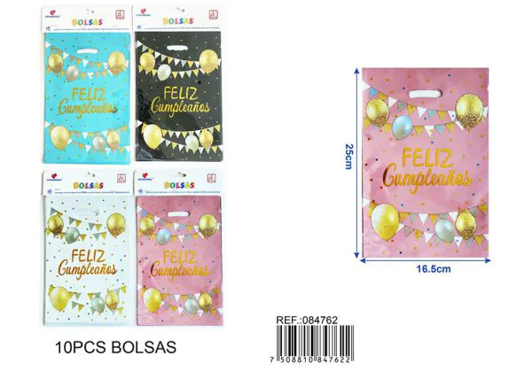 Bolsa metalizada pequeña de 16.5x25 cm, 10 piezas, estampado feliz cumpleaños en español