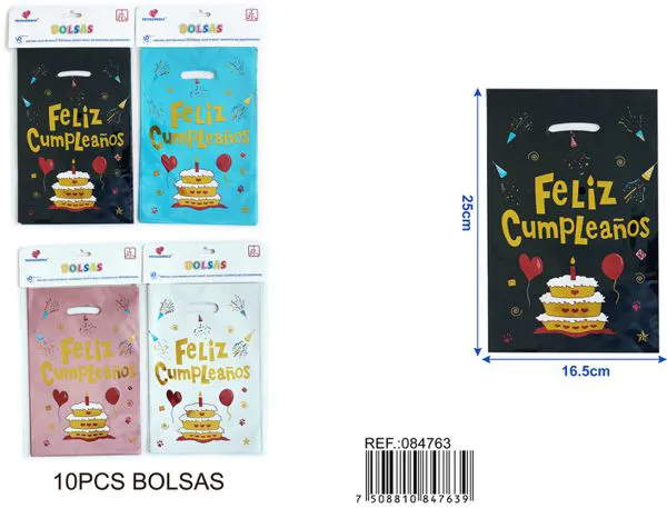 Bolsa metalizada pequeña de 16.5x25 cm, 10 piezas, estampado feliz cumpleaños en español