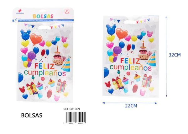 Bolsa perlada grande de 22x32 cm, diseño feliz cumpleaños en español, 10 piezas