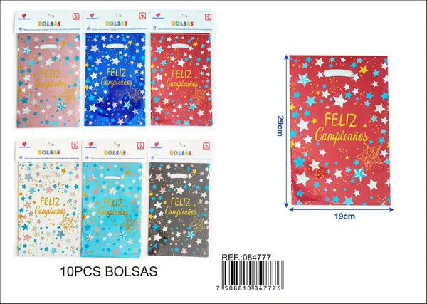 Bolsa metalizada grande de 19x29 cm, 10 piezas, estampado feliz cumpleaños en español