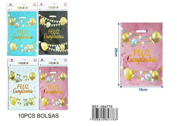 Bolsa metalizada grande de 19x29 cm, 10 piezas, estampado feliz cumpleaños en español