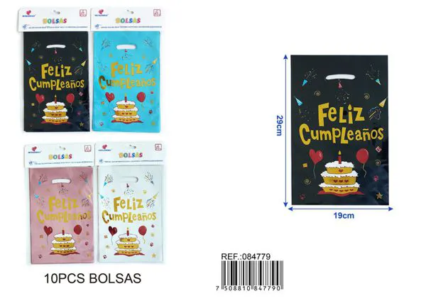 Bolsa metalizada grande de 19x29 cm, 10 piezas, estampado feliz cumpleaños en español