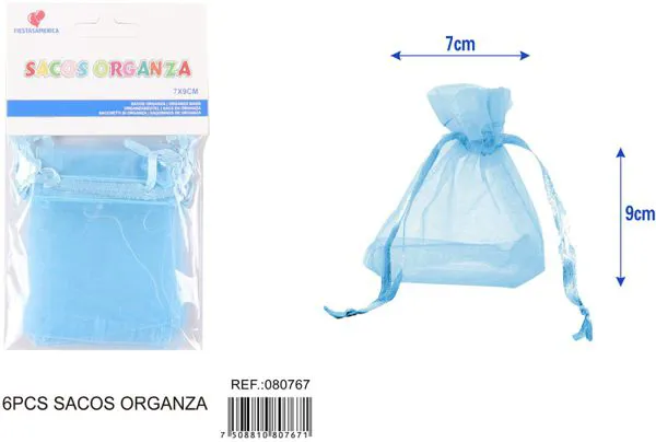 Bolsa para dulces de organza de 7x9 cm, 6 piezas, color azul claro