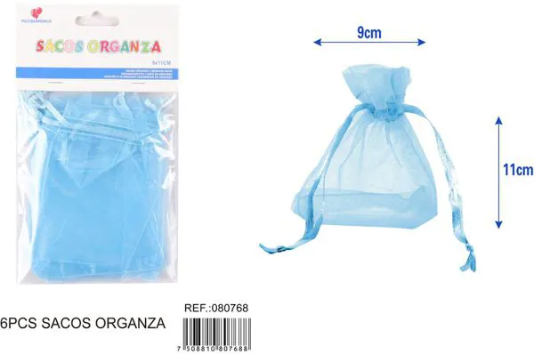 Bolsa para dulces de organza de 9x11 cm, 6 piezas, color azul claro