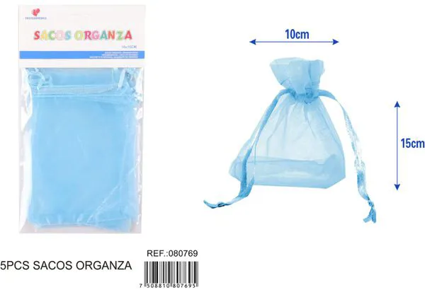 Bolsa para dulces de organza de 10x15 cm, 5 piezas, color azul claro