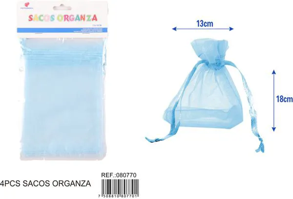 Bolsa para dulces de organza de 13x18 cm, 4 piezas, color azul claro