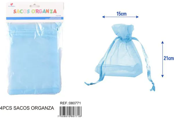 Bolsa para dulces de organza de 15x21 cm, 4 piezas, color azul claro