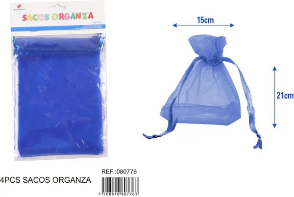 Bolsa para dulces de organza de 15x21 cm, 4 piezas, color azul marino