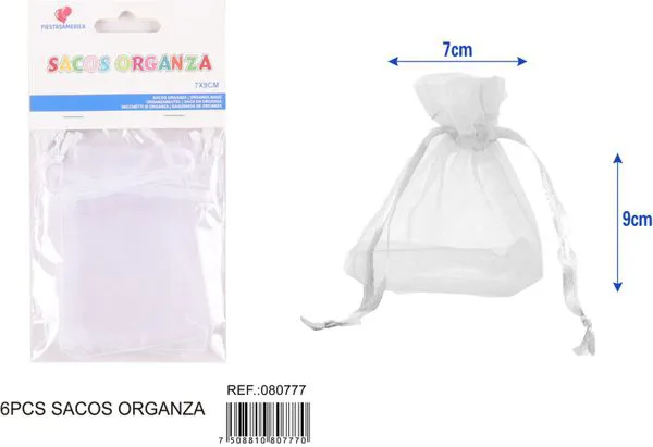 Bolsa para dulces de organza de 7x9 cm, 6 piezas, color blanco