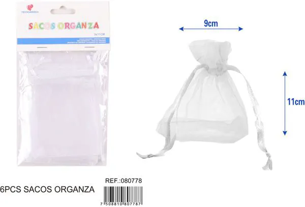 Bolsa para dulces de organza de 9x11 cm, 6 piezas, color blanco