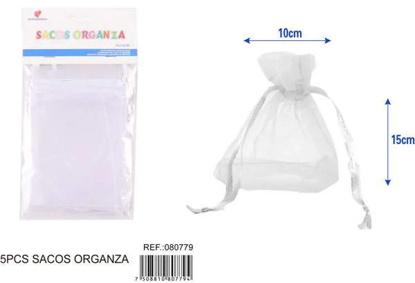 Bolsa para dulces de organza de 10x15 cm, 5 piezas, color blanco
