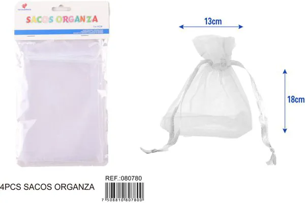 Bolsa para dulces de organza de 13x18 cm, 4 piezas, color blanco