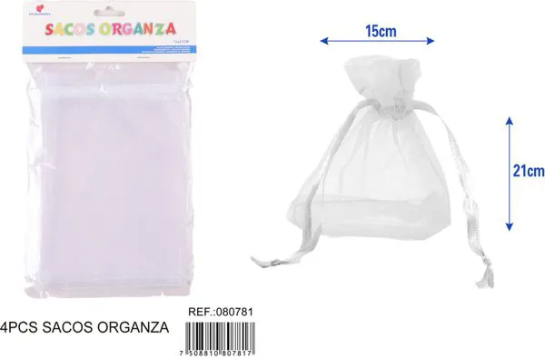 Bolsa para dulces de organza de 15x21 cm, 4 piezas, color blanco