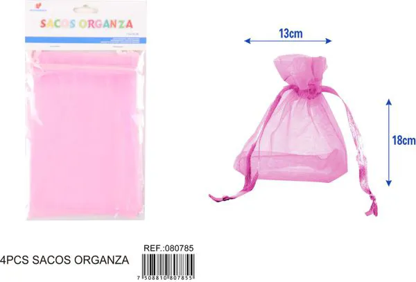 Bolsa para dulces de organza de 13x18 cm, 4 piezas, color rosa
