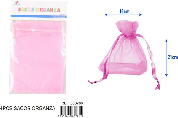 Bolsa para dulces de organza de 15x21 cm, 4 piezas, color rosa
