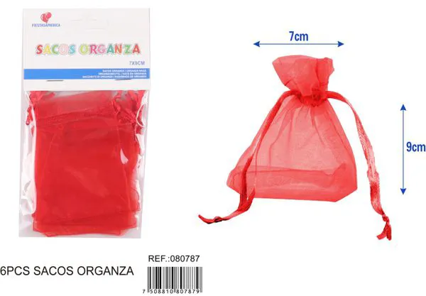 Bolsa para dulces de organza de 7x9 cm, 6 piezas, color rojo