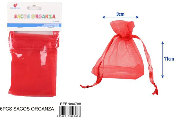 Bolsa para dulces de organza de 9x11 cm, 6 piezas, color rojo