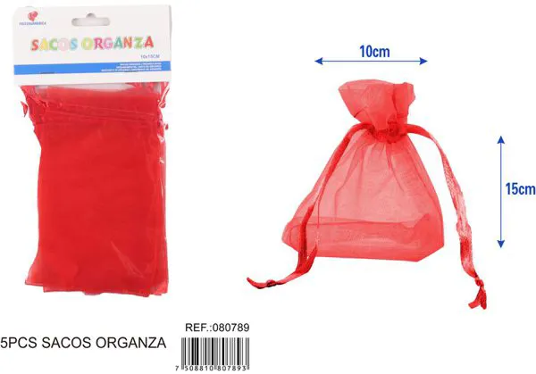 Bolsa para dulces de organza de 10x15 cm, 5 piezas, color rojo