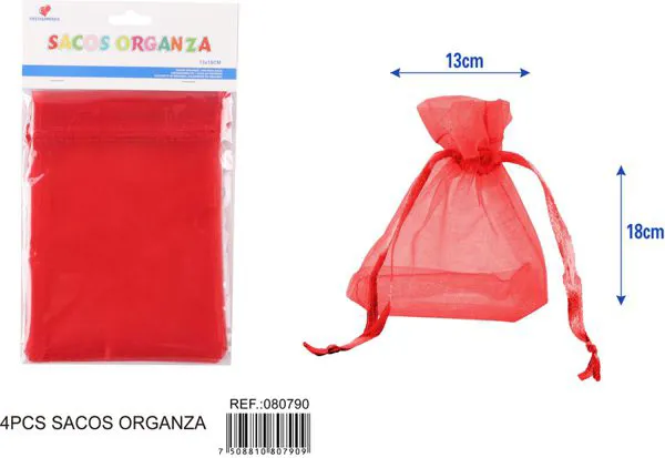 Bolsa para dulces de organza de 13x18 cm, 4 piezas, color rojo
