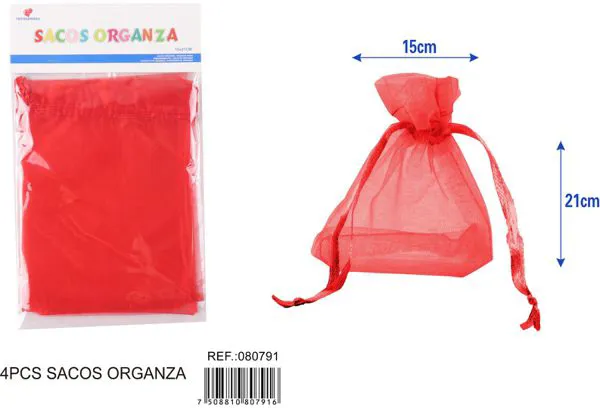 Bolsa para dulces de organza de 15x21 cm, 4 piezas, color rojo