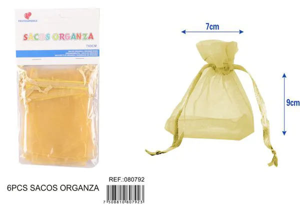 Bolsa para dulces de organza de 7x9 cm, 6 piezas, color dorado