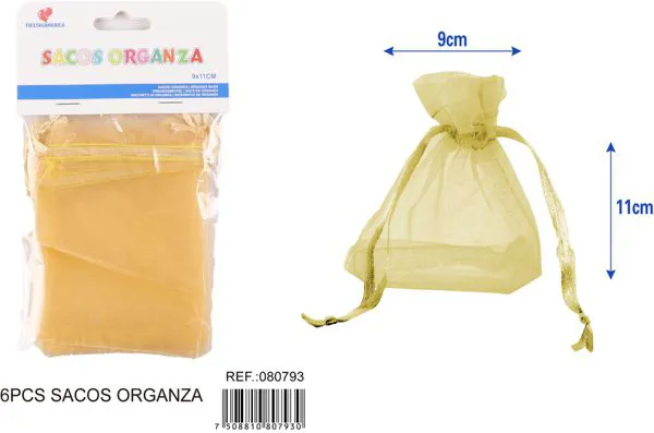 Bolsa para dulces de organza de 9x11 cm, 6 piezas, color dorado
