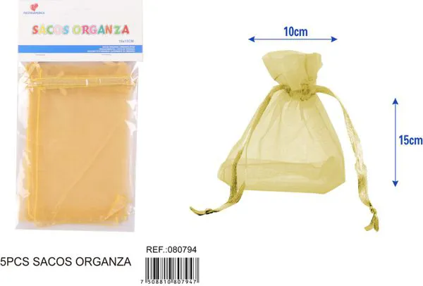 Bolsa para dulces de organza de 10x15 cm, 5 piezas, color dorado
