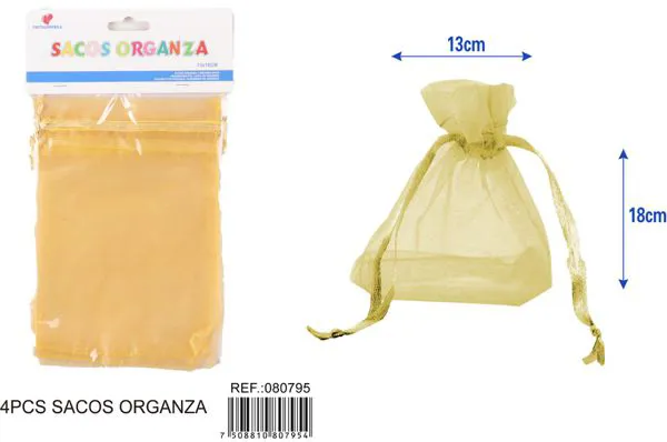 Bolsa para dulces de organza de 13x18 cm, 4 piezas, color dorado