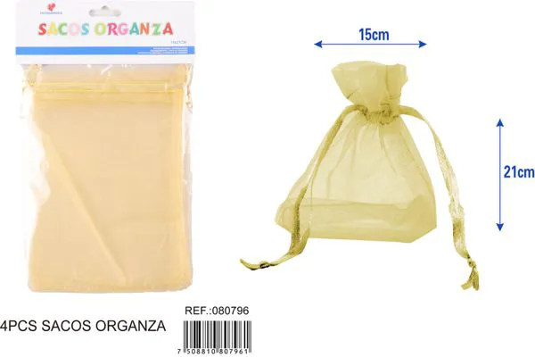 Bolsa para dulces de organza de 15x21 cm, 4 piezas, color dorado