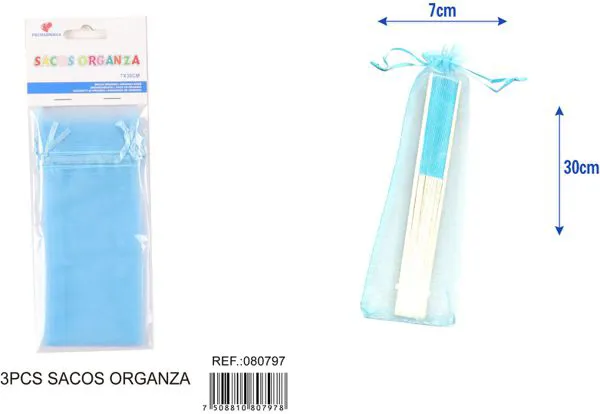 Bolsa para dulces de organza tipo abanico de 7x30 cm, 3 piezas, color azul claro