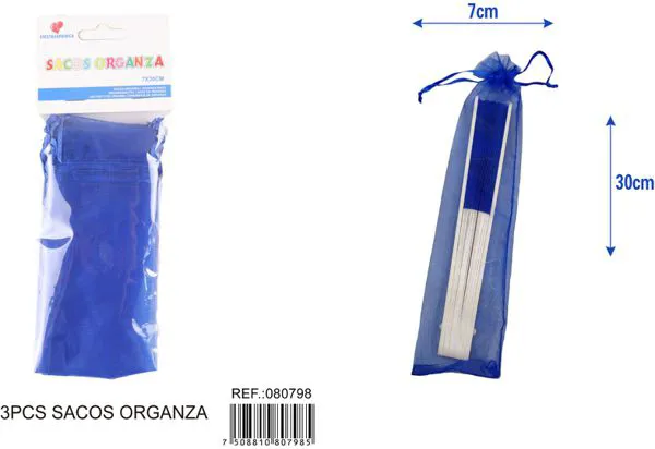 Bolsa para dulces de organza tipo abanico de 7x30 cm, 3 piezas, color azul marino