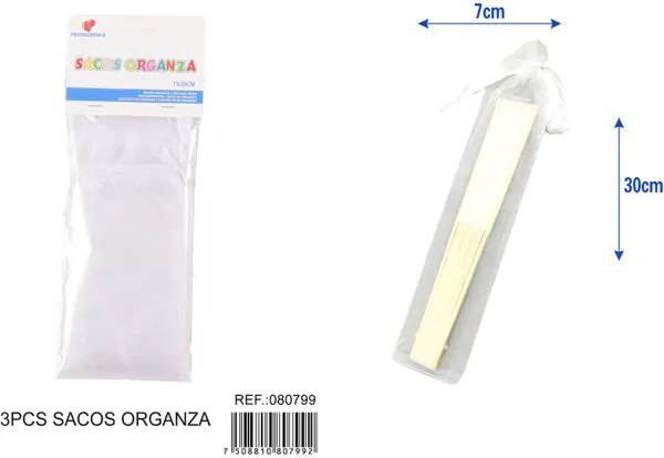 Bolsa para dulces de organza tipo abanico de 7x30 cm, 3 piezas, color blanco