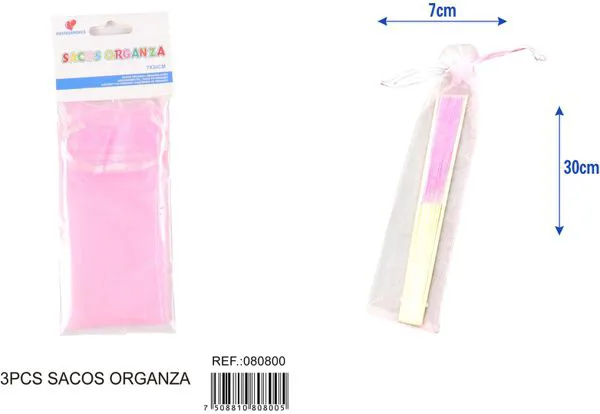 Bolsa para dulces de organza tipo abanico de 7x30 cm, 3 piezas, color rosa