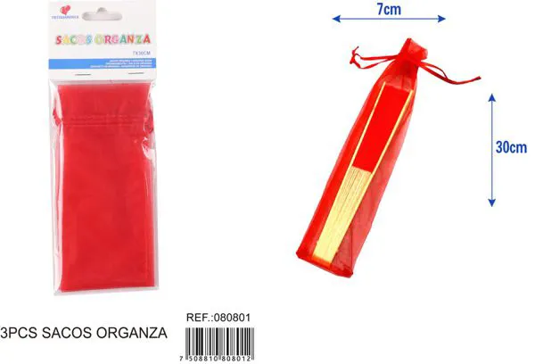 Bolsa para dulces de organza tipo abanico de 7x30 cm, 3 piezas, color rojo