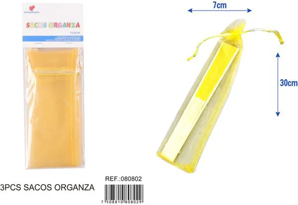 Bolsa para dulces de organza tipo abanico de 7x30 cm, 3 piezas, color dorado