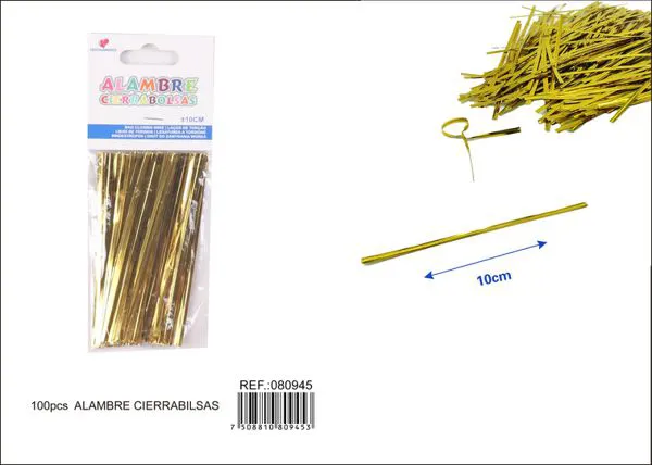 Atadura de alambre de 10 cm, color dorado, 100 piezas