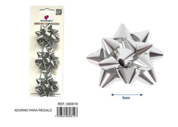 Flor de estrellas de 5 cm en tarjeta, 3 piezas, color plateado