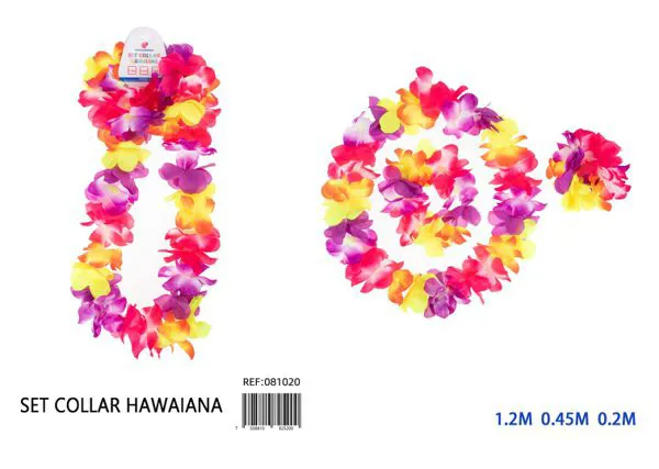 Set de collar hawaiano de flores (collar 120 cm, corona 42 cm, pulsera 21 cm), color según imagen