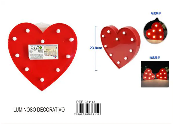 Corazón luminoso de plástico de 23.8 cm, color rojo