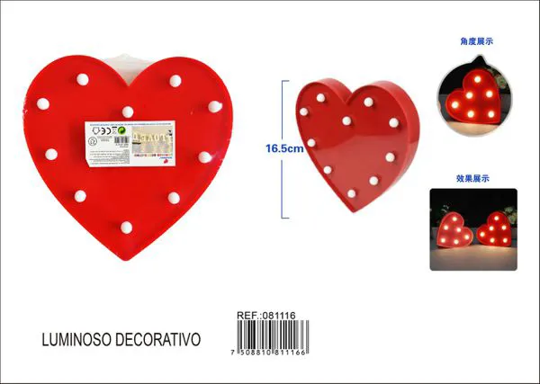 Corazón luminoso de plástico de 16.5 cm, color rojo