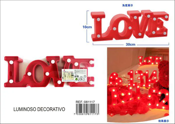 Letrero luminoso de plástico "LOVE" de 30x10 cm, color rojo
