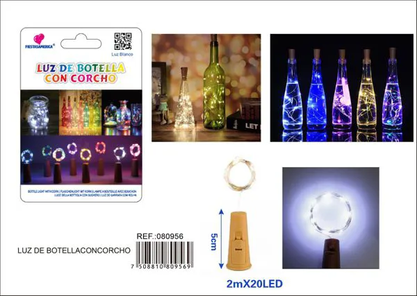 Serie de luces decorativas festivas con tapa de botella de vino de 4.5 cm, 2 m con 20 luces, blanco frío, alambre de aleación