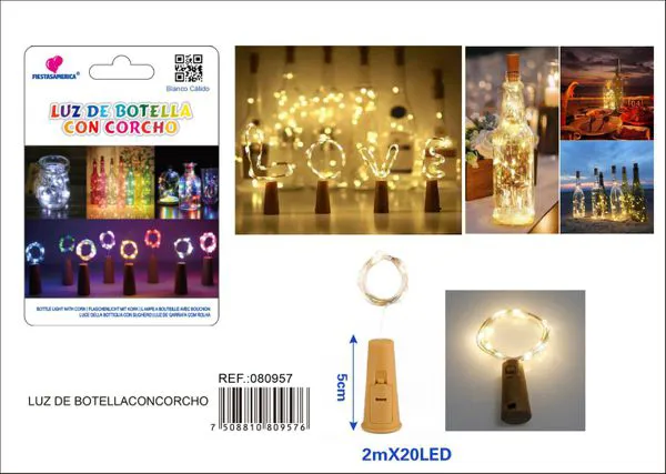 Serie de luces decorativas festivas con tapa de botella de vino de 4.5 cm, 2 m con 20 luces, blanco cálido, alambre de aleación