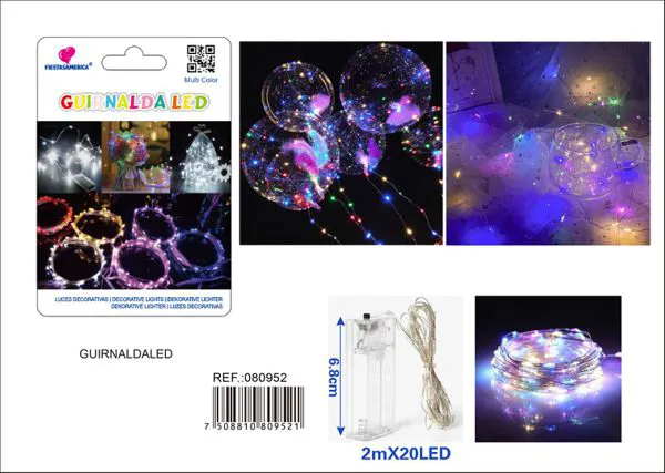 Serie de luces LED de 2 m con 20 focos, cuatro colores, alambre de aleación con funciones y caja para 2 pilas AA