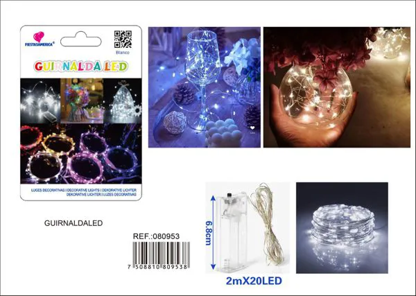 Serie de luces LED de 2 m con 20 focos, luz blanca, alambre de aleación con funciones y caja para 2 pilas AA