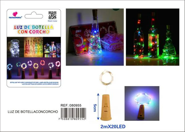 Serie de luces decorativas festivas con tapa de botella de vino de 4.5 cm, 2 m con 20 luces, multicolor, alambre de aleación
