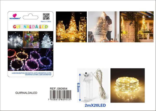 Serie de luces LED de 2 m con 20 focos, color blanco cálido, alambre de aleación con funciones y caja para 2 pilas AA