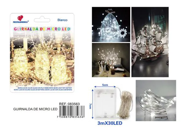 Serie de 30 luces LED, 3 metros, con caja de 3 pilas, luz blanca