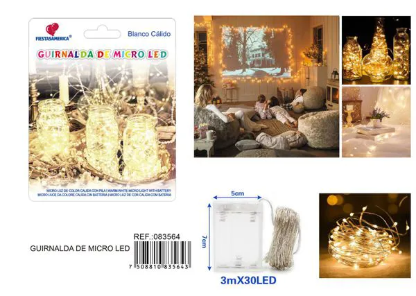 Serie de 30 luces LED, 3 metros, con caja de 3 pilas, luz cálida