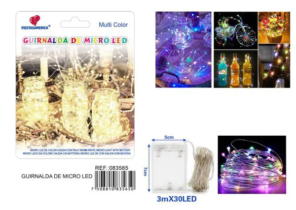 Serie de 30 luces LED, 3 metros, con caja de 3 pilas, cuatro colores